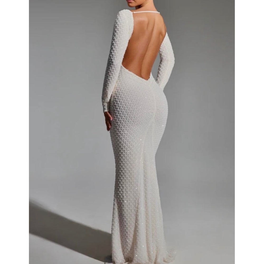 Oh Polly Ivory Long-Sleeve Beaded Maxi Dress - Picture 3 of 10